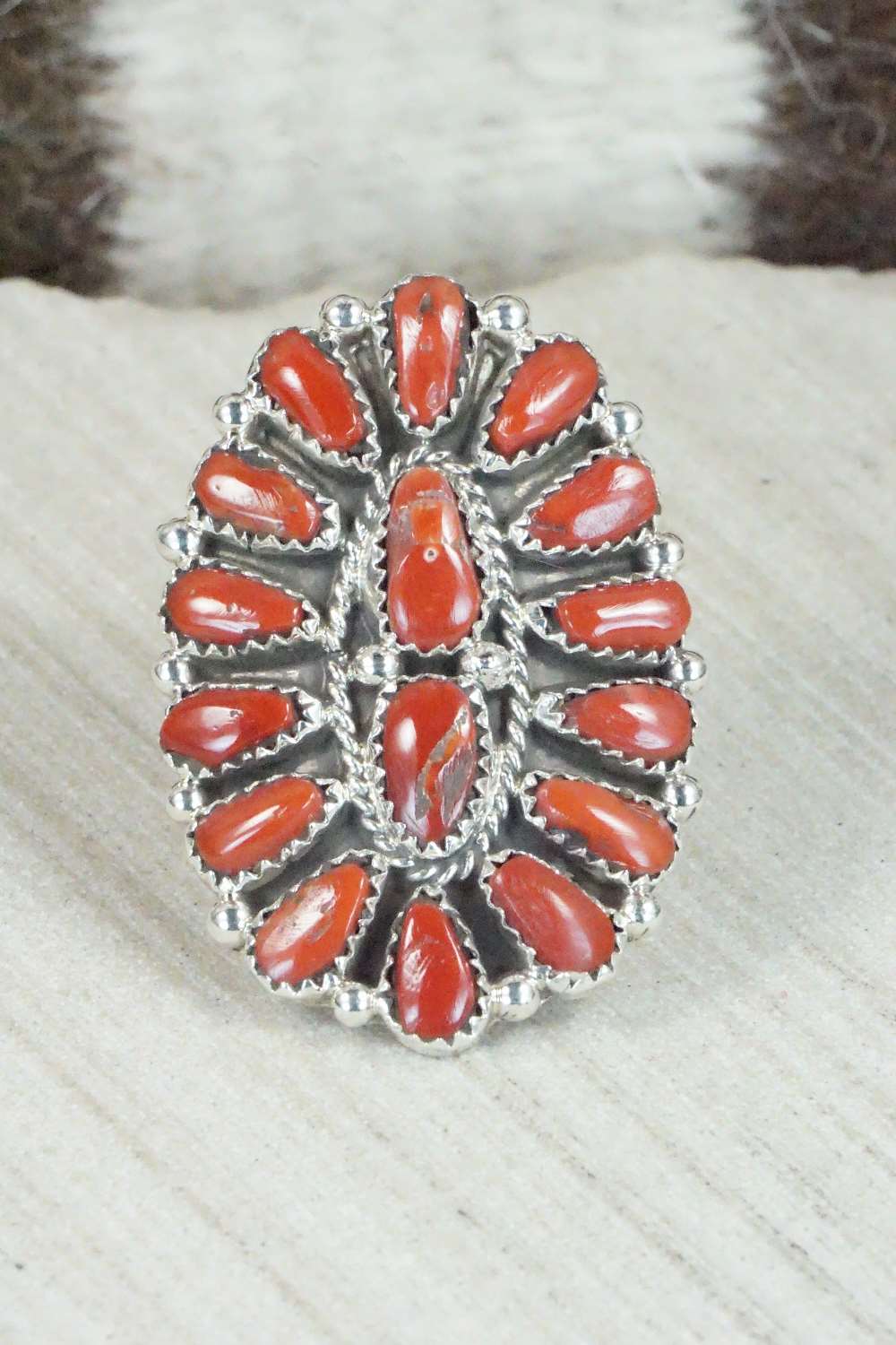 Coral and Sterling Silver Ring - Justina Wilson - Size 6.75