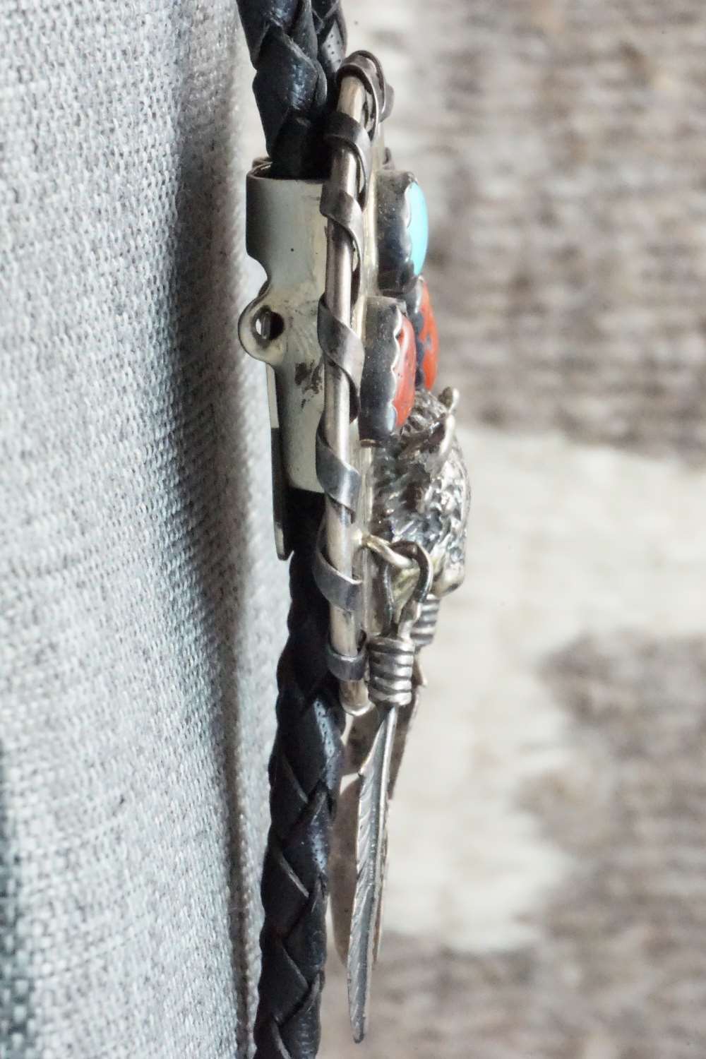 Coral, Turquoise & Sterling Silver Bolo Tie - Navajo