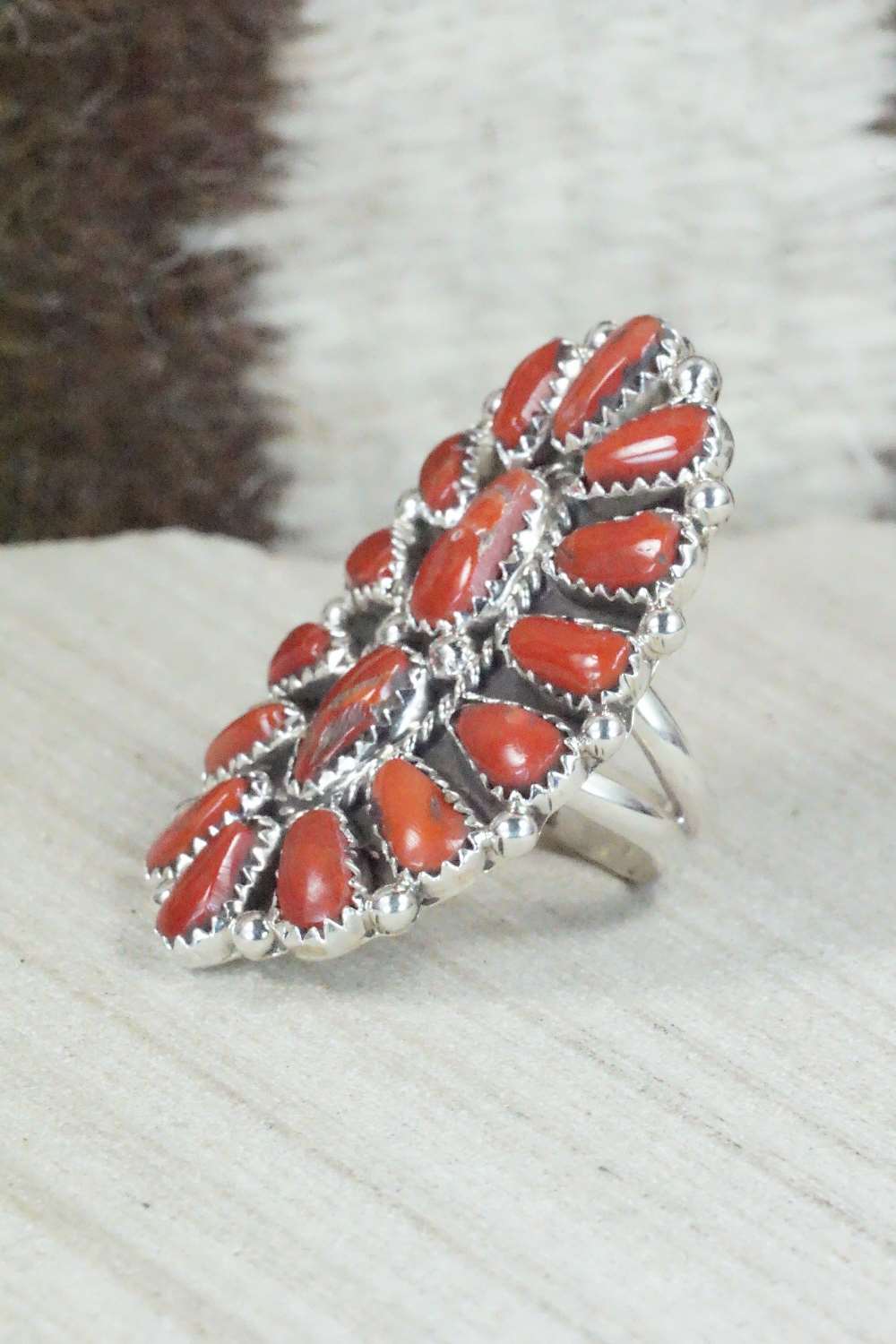 Coral and Sterling Silver Ring - Justina Wilson - Size 6.75