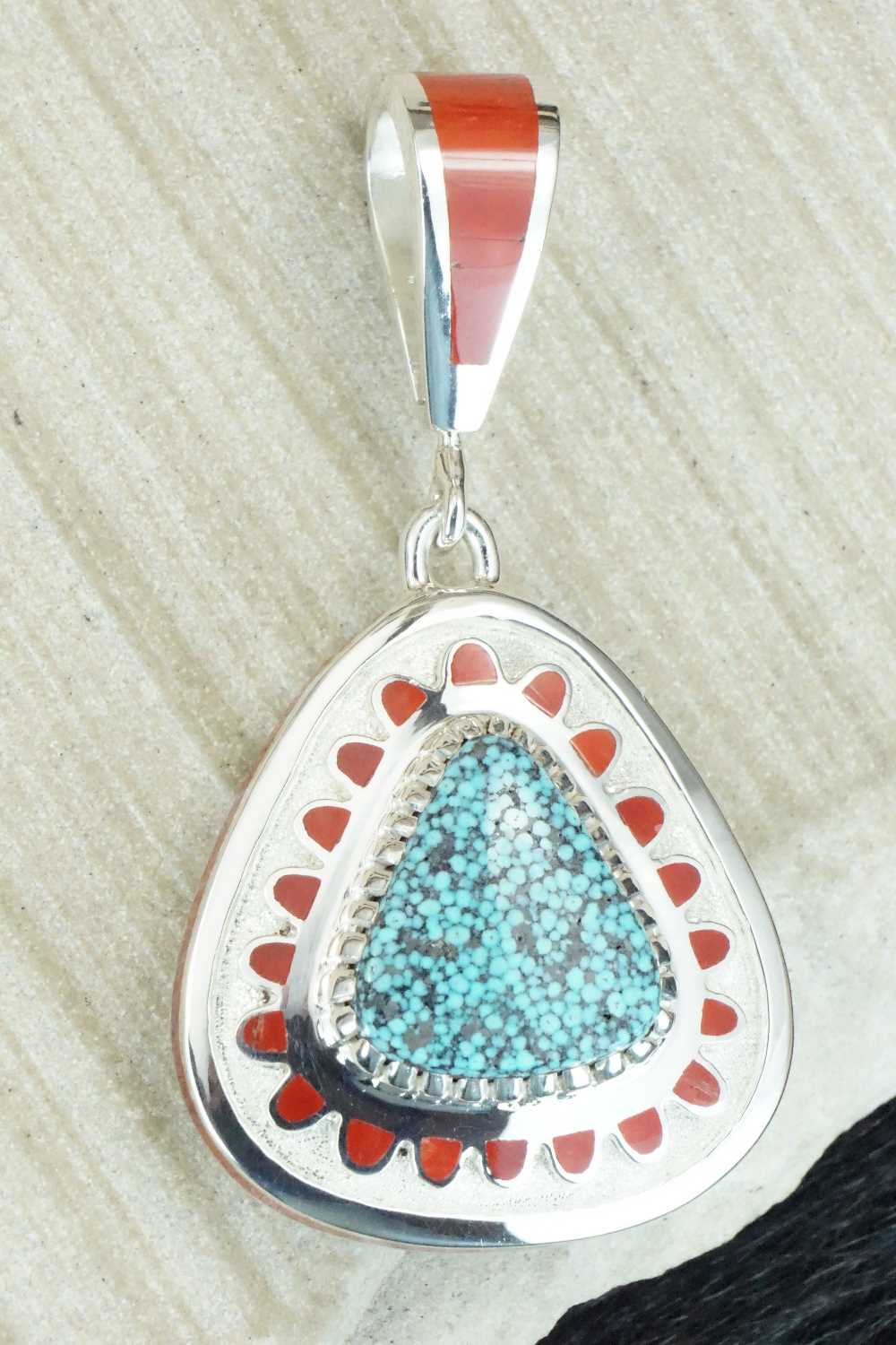 Turquoise, Coral & Sterling Silver Pendant - Vernon Haskie