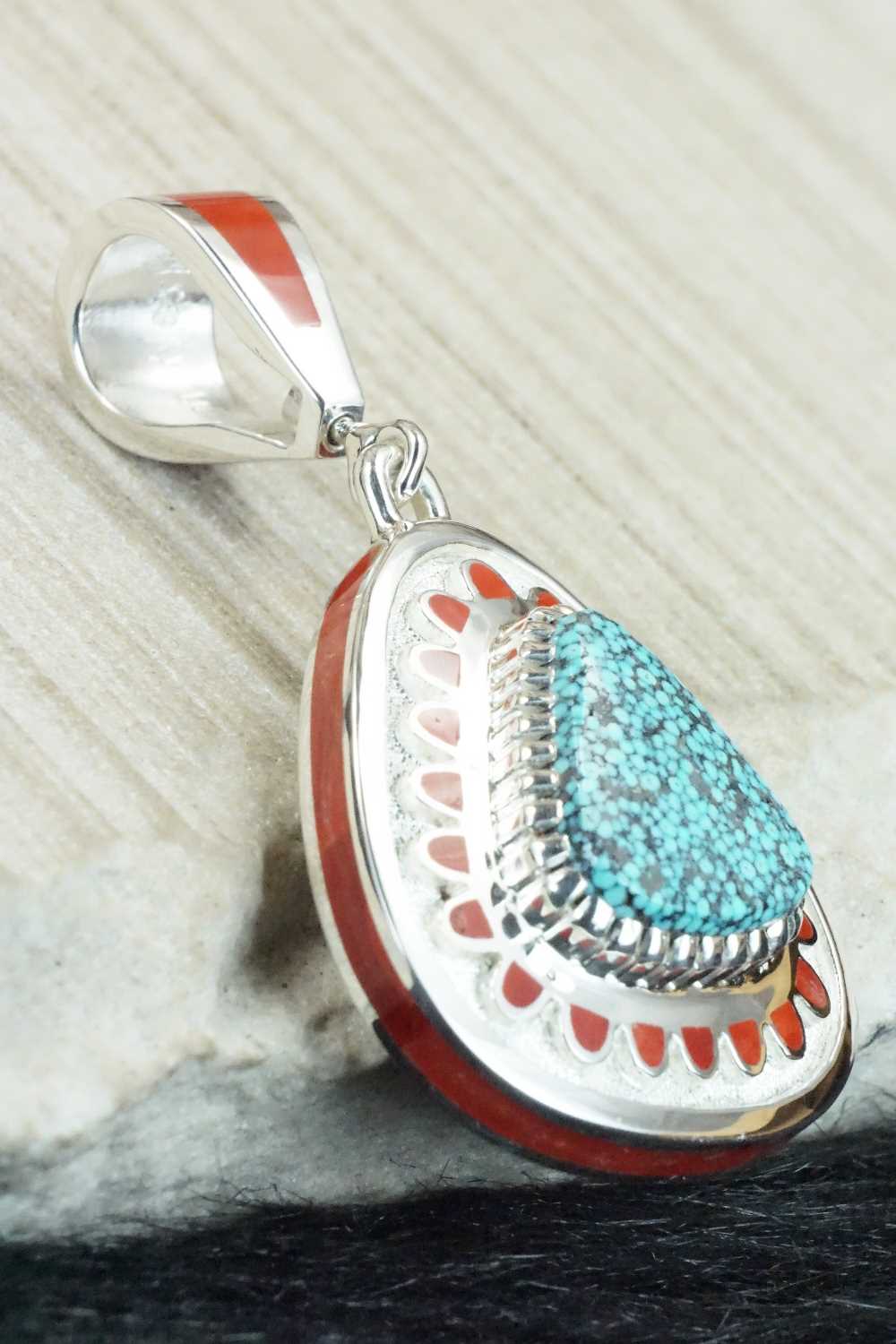 Turquoise, Coral & Sterling Silver Pendant - Vernon Haskie