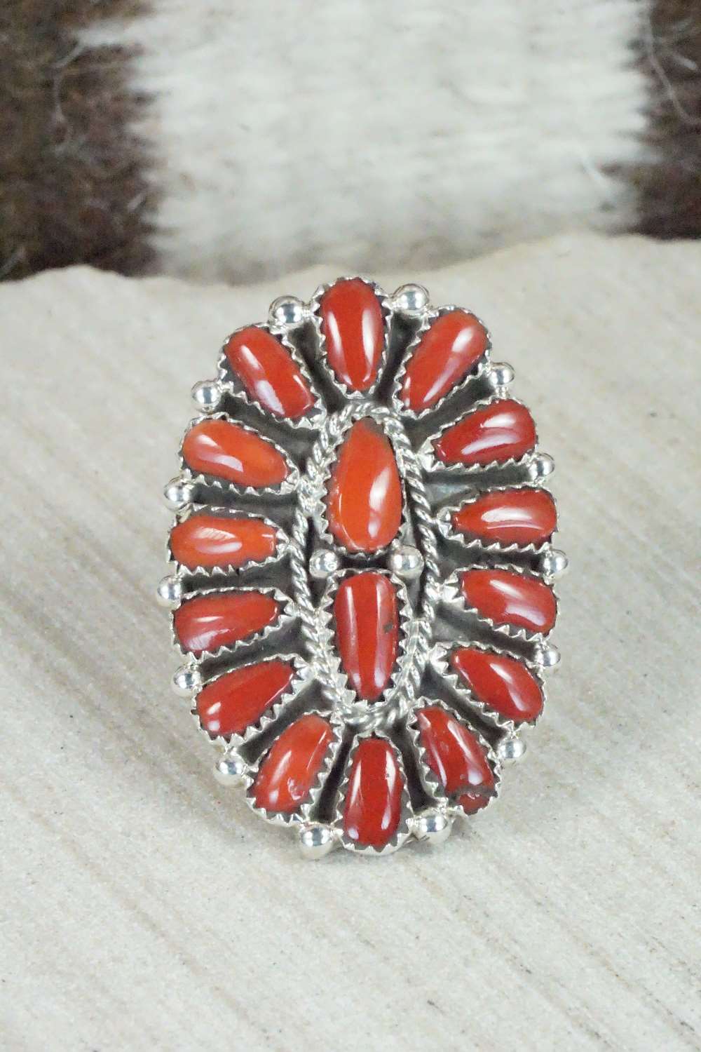 Coral and Sterling Silver Ring - Justina Wilson - Size 6.25