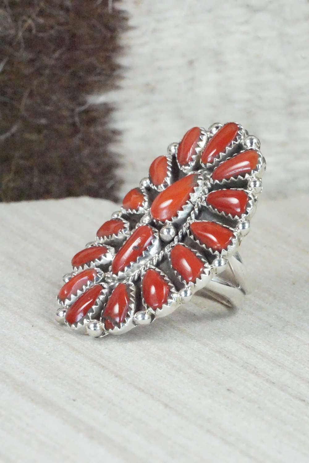 Coral and Sterling Silver Ring - Justina Wilson - Size 6.25