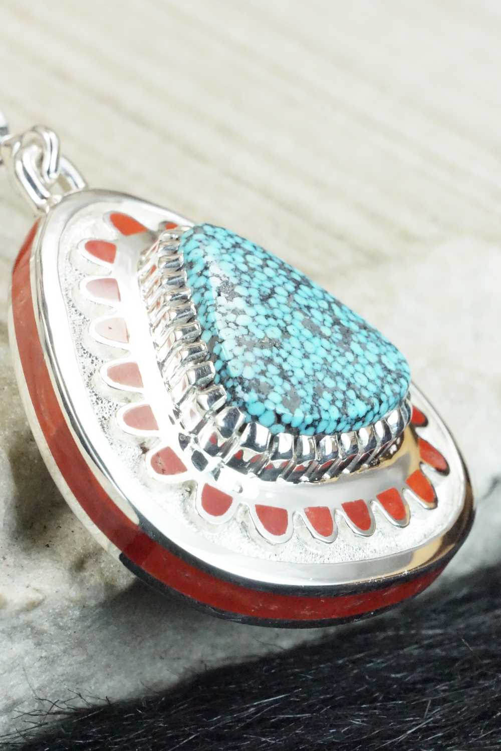 Turquoise, Coral & Sterling Silver Pendant - Vernon Haskie