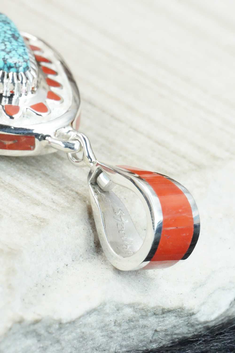 Turquoise, Coral & Sterling Silver Pendant - Vernon Haskie