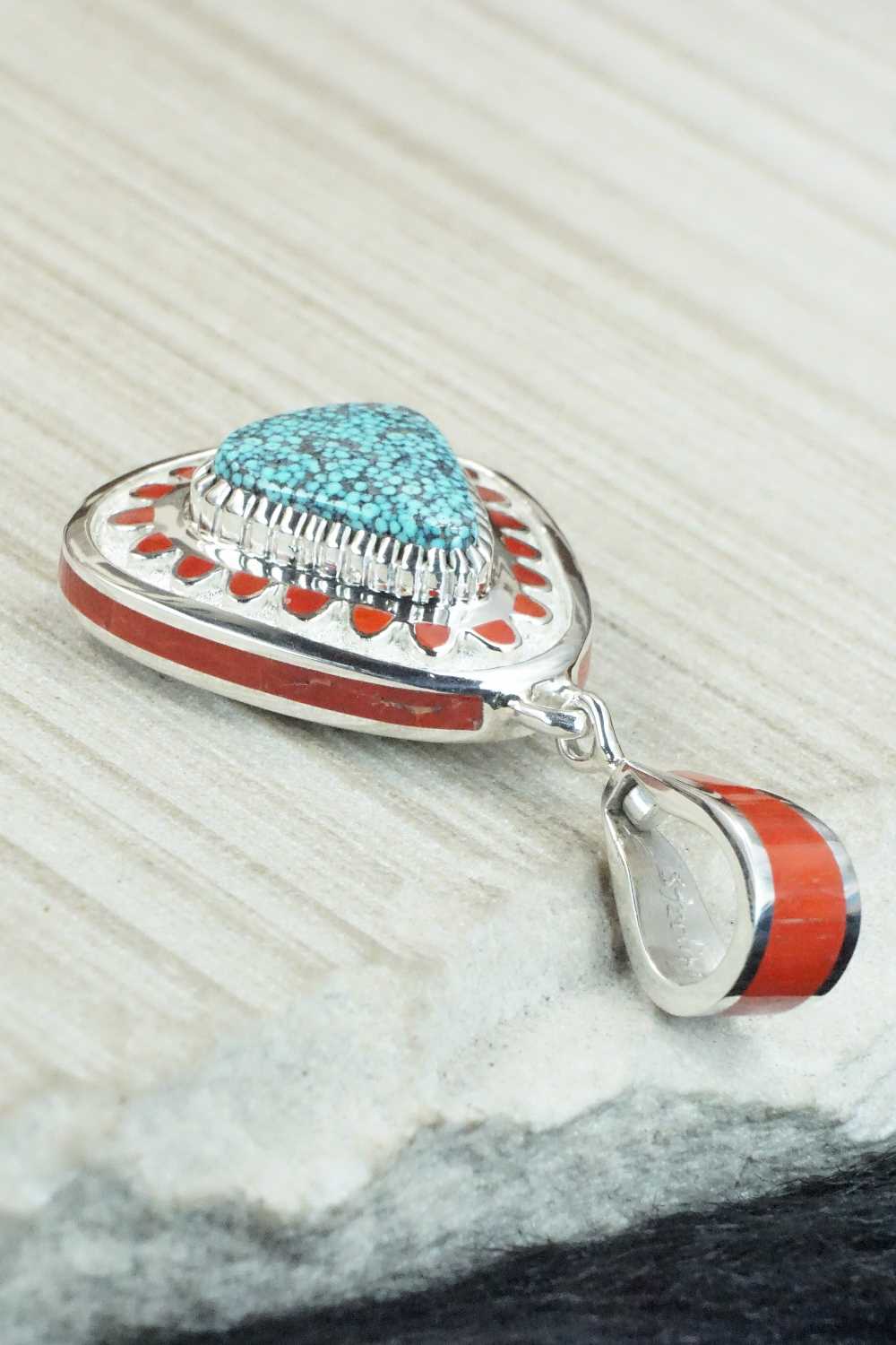 Turquoise, Coral & Sterling Silver Pendant - Vernon Haskie