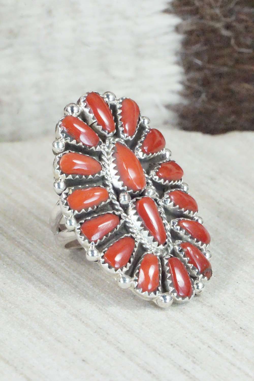 Coral and Sterling Silver Ring - Justina Wilson - Size 6.25