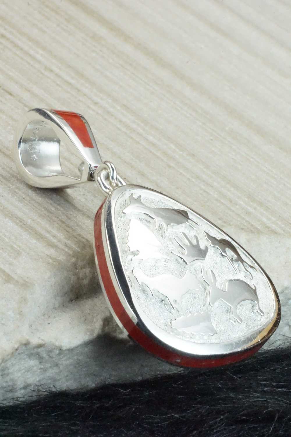 Turquoise, Coral & Sterling Silver Pendant - Vernon Haskie