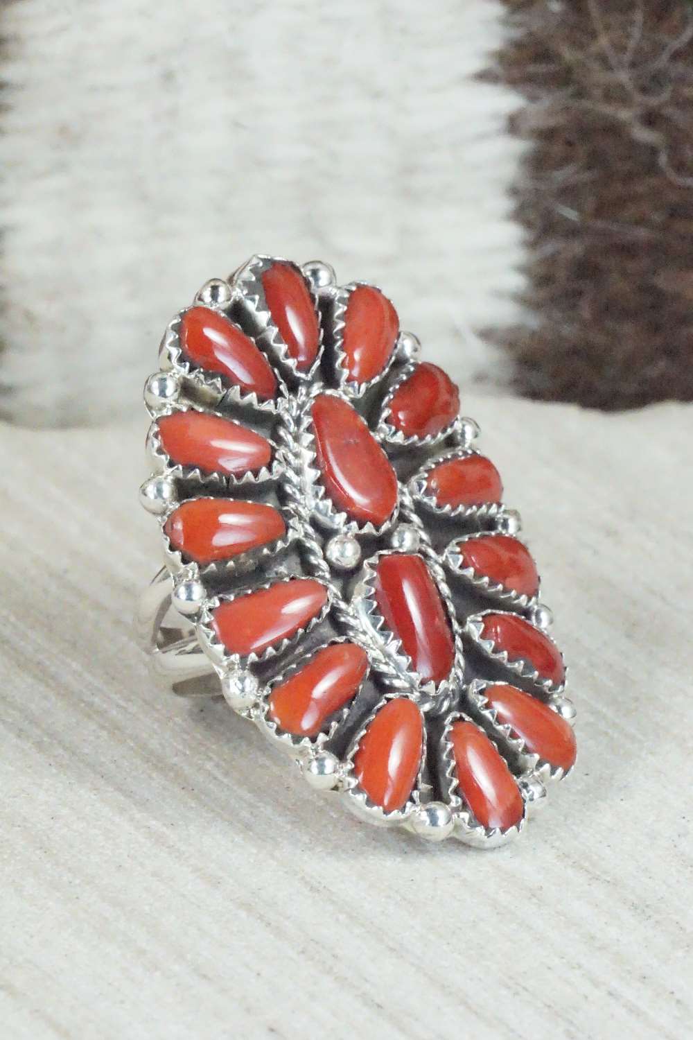 Coral and Sterling Silver Ring - Justina Wilson - Size 7