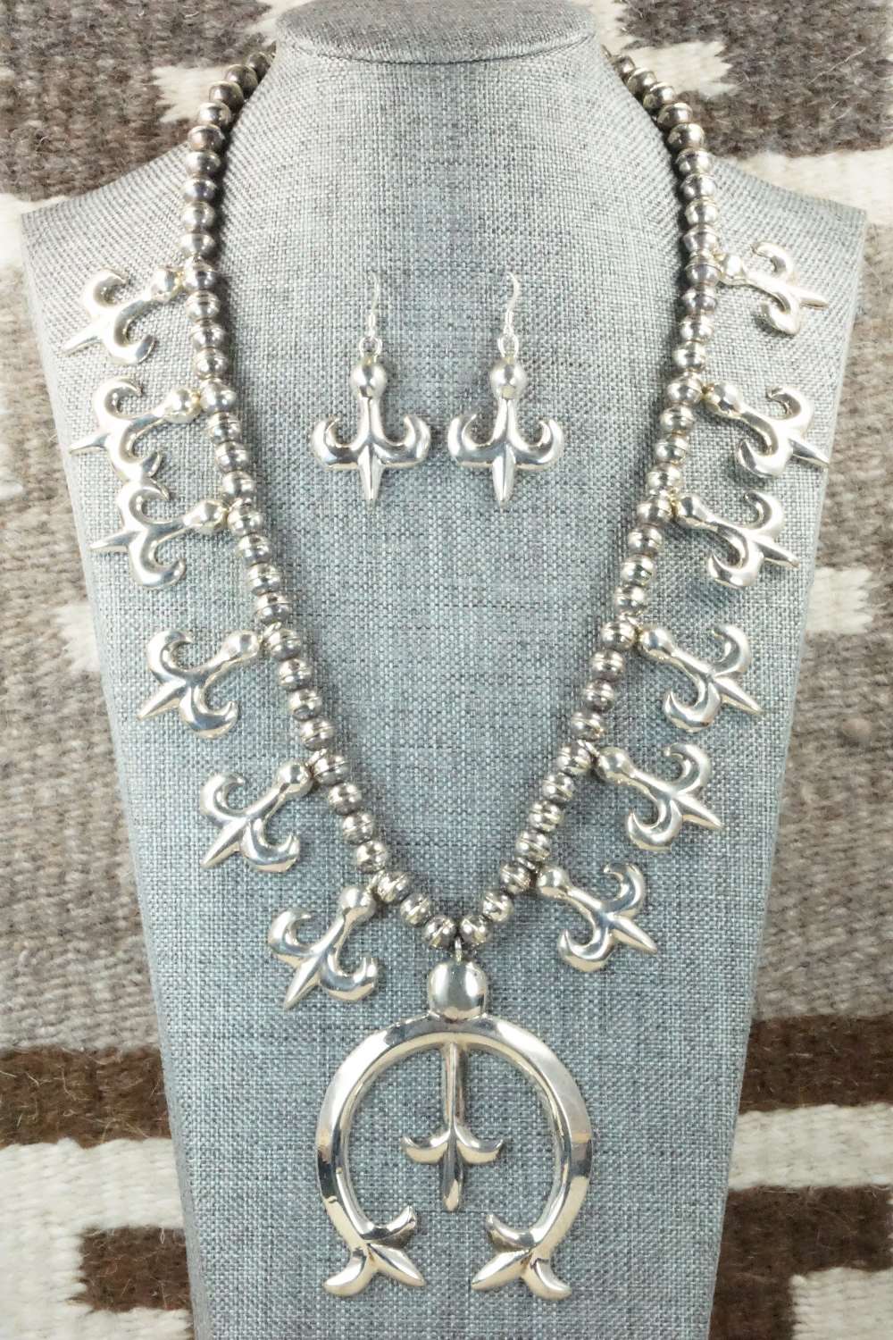 Sterling Silver Squash Blossom Necklace and Earrings - Navajo