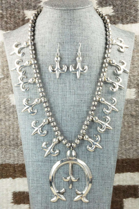 Sterling Silver Squash Blossom Necklace and Earrings - Navajo
