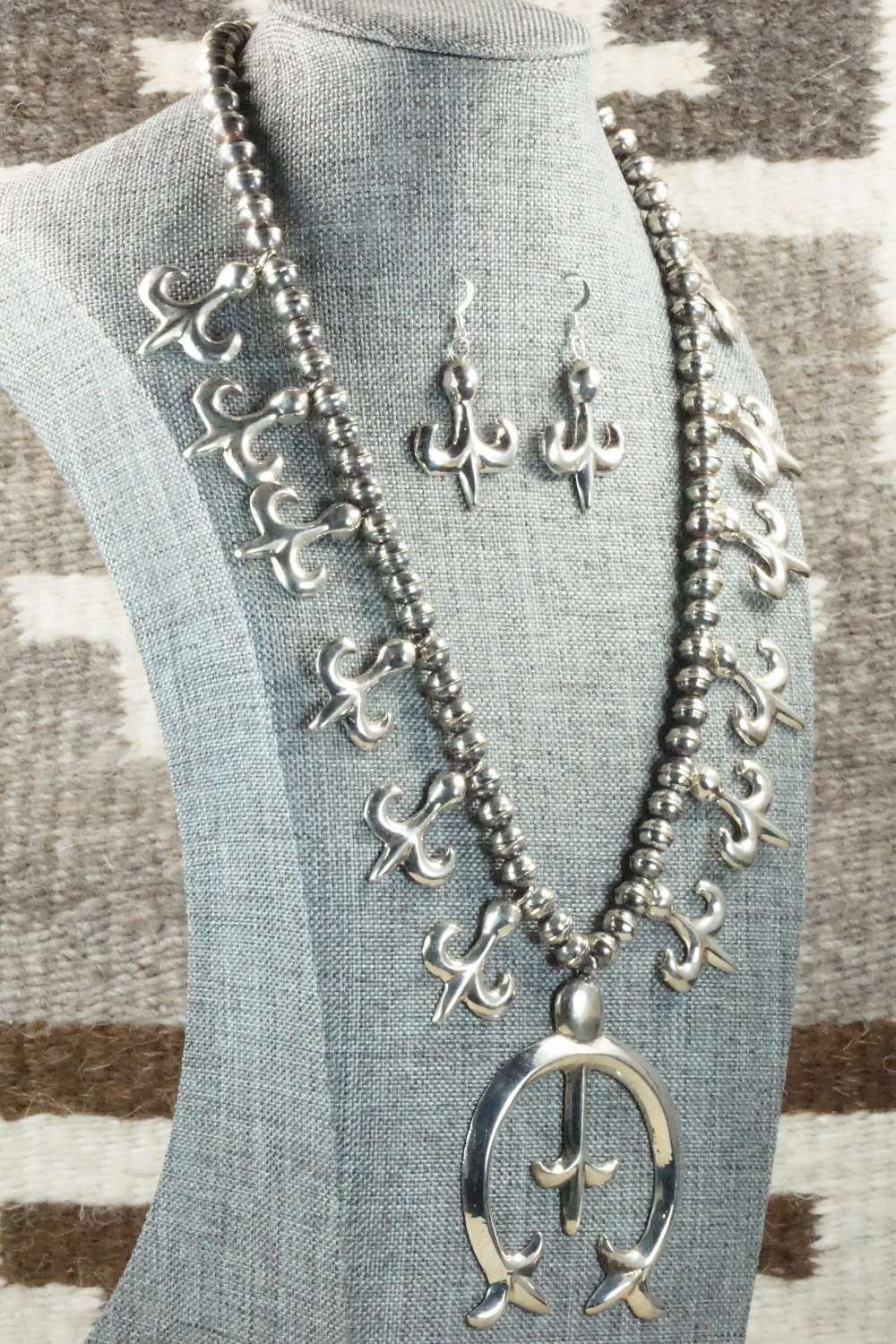 Sterling Silver Squash Blossom Necklace and Earrings - Navajo