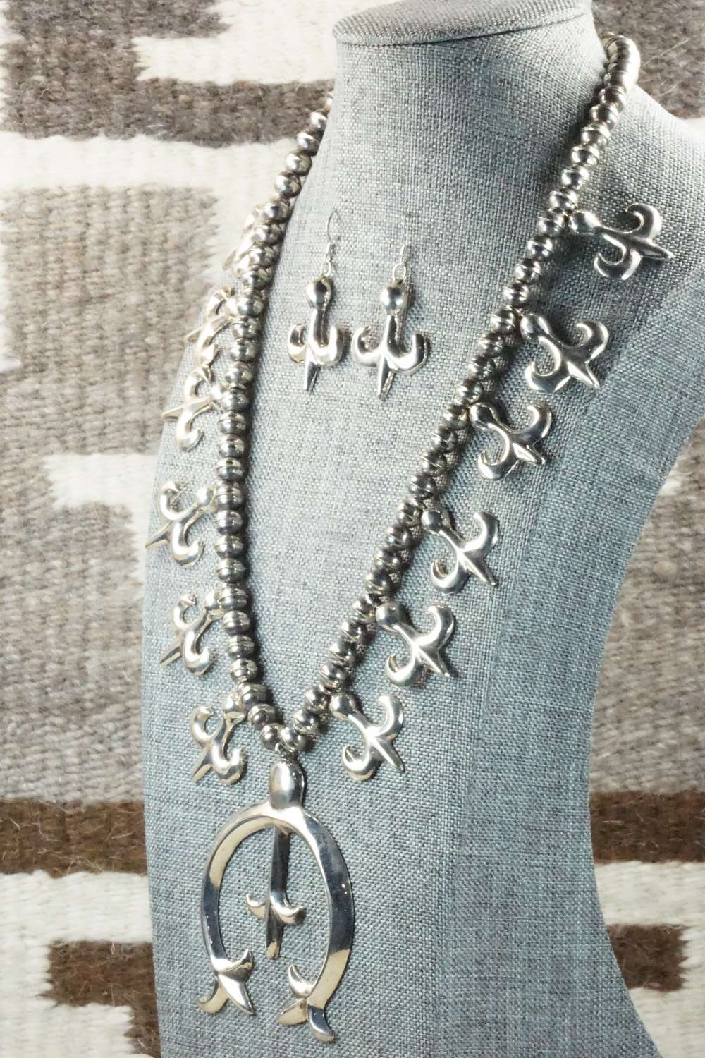 Sterling Silver Squash Blossom Necklace and Earrings - Navajo