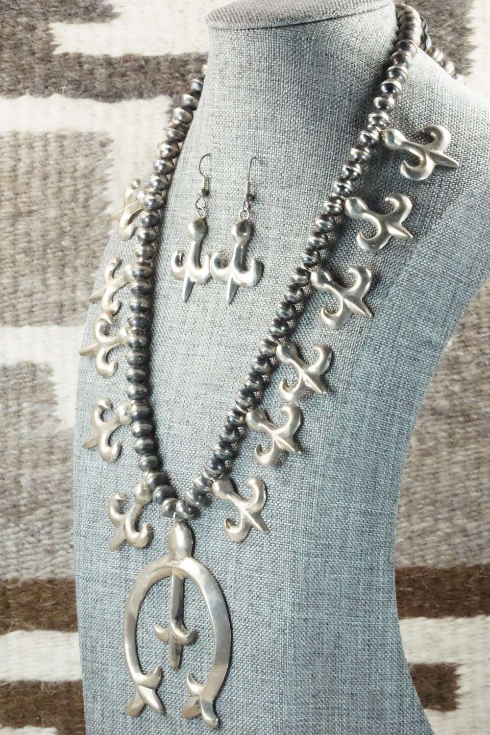 Sterling Silver Squash Blossom and Earrings Set - Navajo