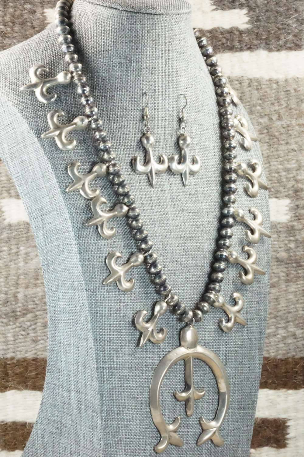 Sterling Silver Squash Blossom and Earrings Set - Navajo