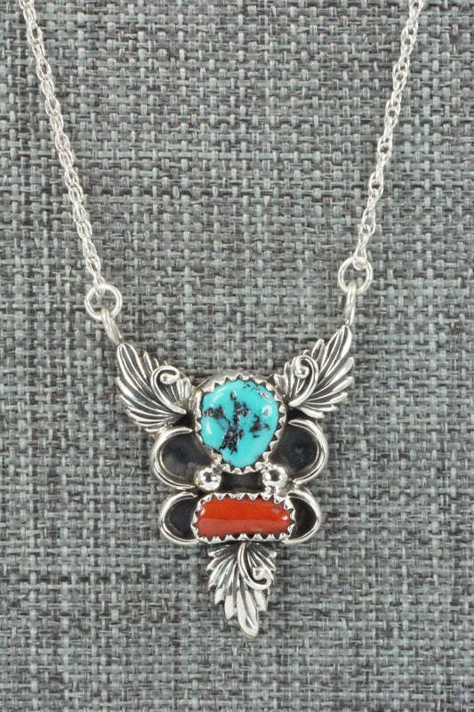 Turquoise, Coral & Sterling Silver Necklace - Rosie Chee