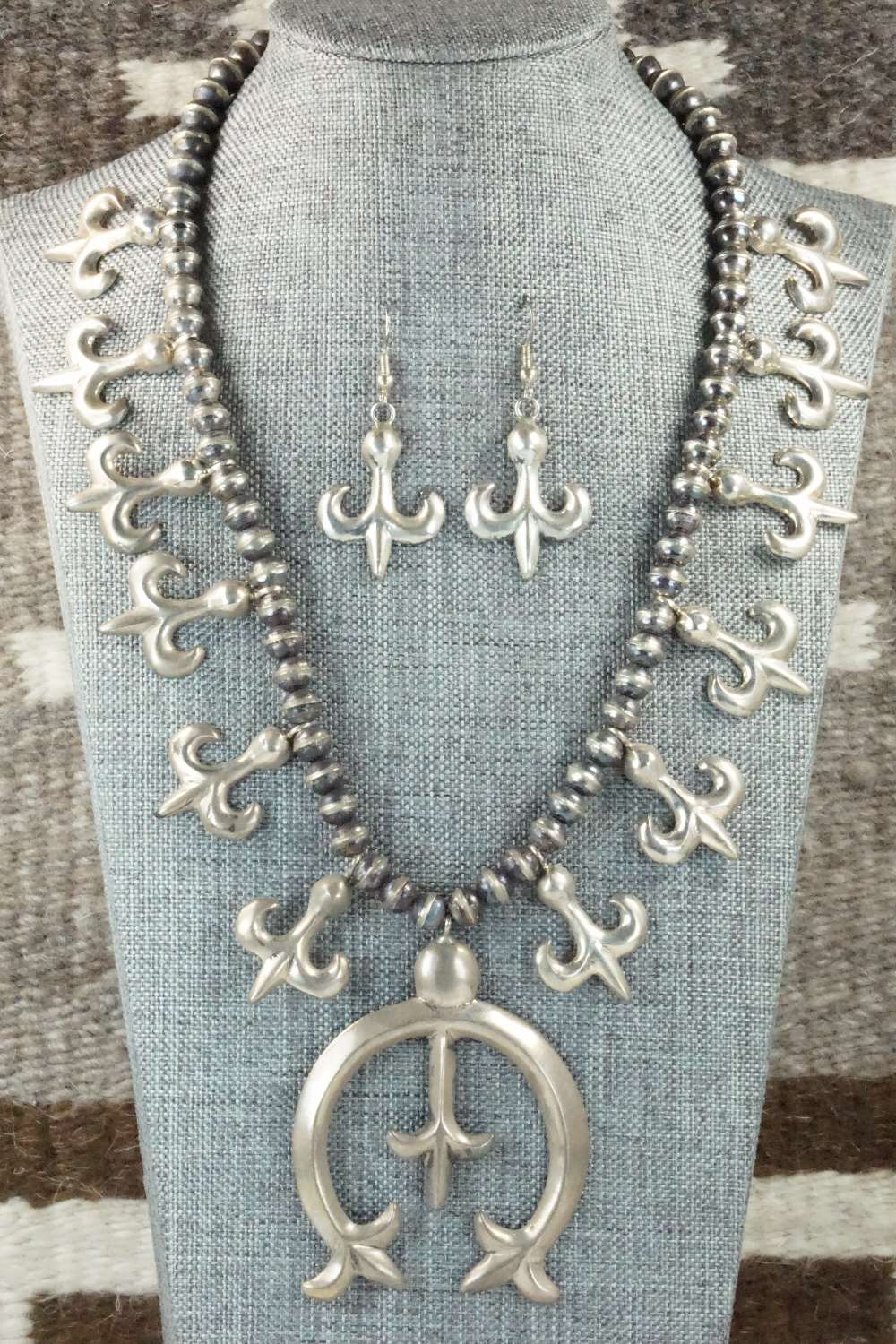 Sterling Silver Squash Blossom Necklace and Earrings - Navajo