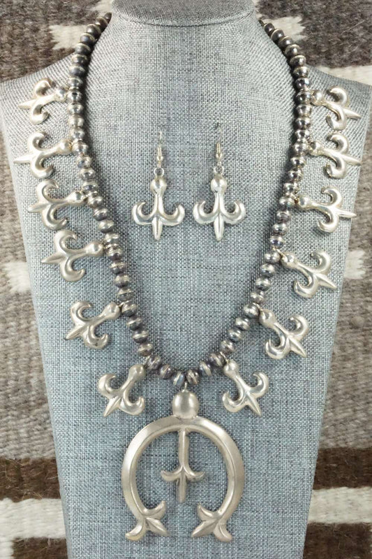 Sterling Silver Squash Blossom Necklace and Earrings - Navajo