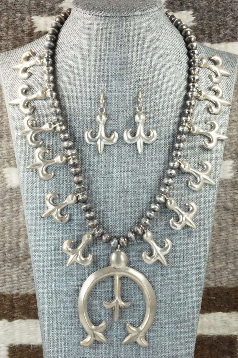 Sterling Silver Squash Blossom Necklace and Earrings - Navajo