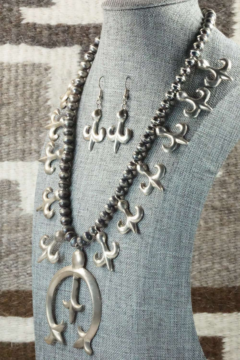 Sterling Silver Squash Blossom Necklace and Earrings - Navajo