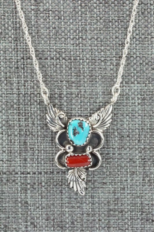 Turquoise, Coral & Sterling Silver Necklace - Rosie Chee