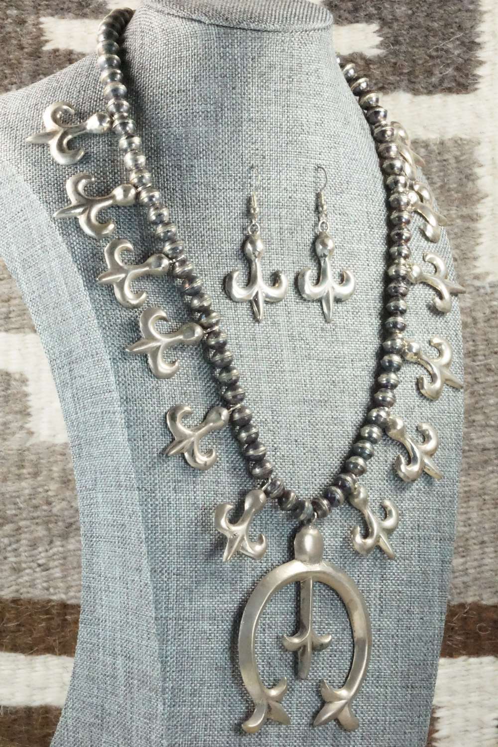 Sterling Silver Squash Blossom Necklace and Earrings - Navajo