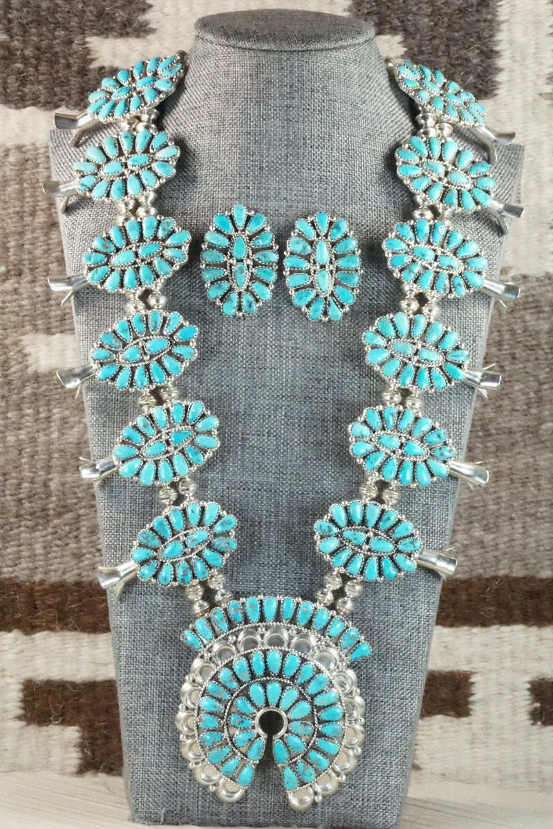 Turquoise & Sterling Silver Squash Blossom Necklace Set - Justina Wilson