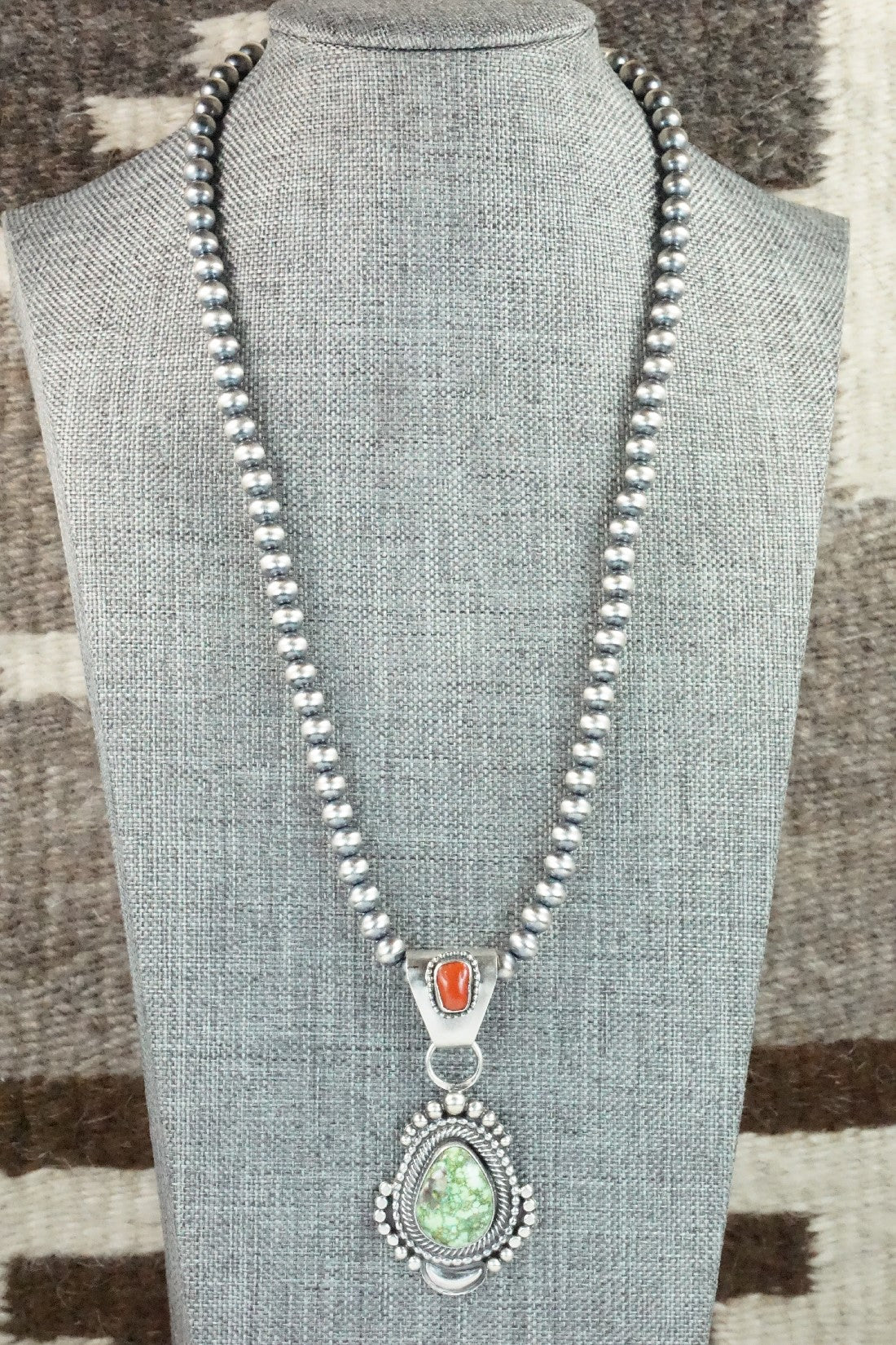 Turquoise, Coral Pendant & Sterling Silver Necklace - Tom Lewis