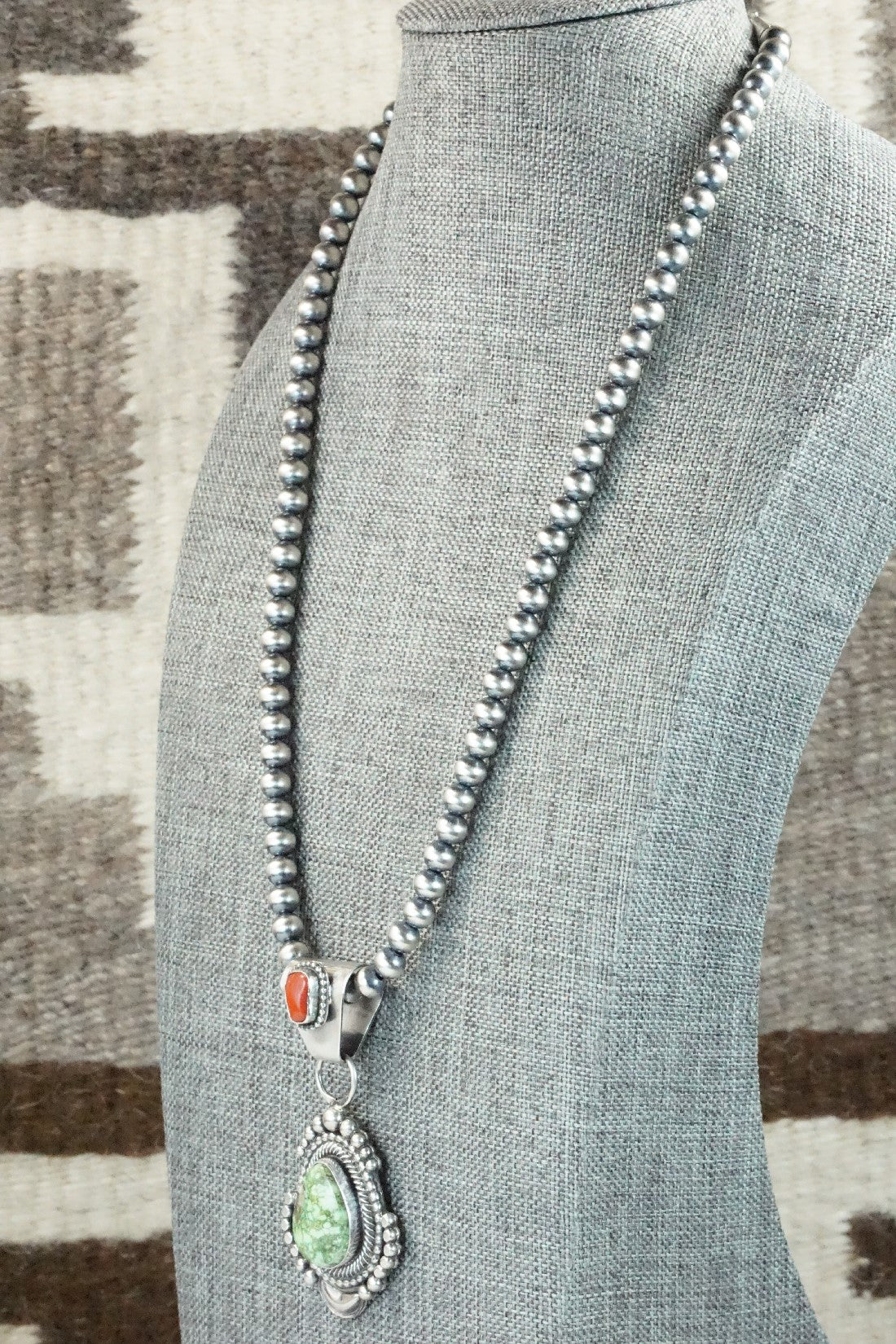 Turquoise, Coral Pendant & Sterling Silver Necklace - Tom Lewis