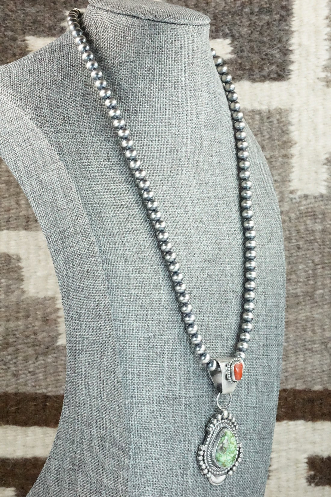 Turquoise, Coral Pendant & Sterling Silver Necklace - Tom Lewis