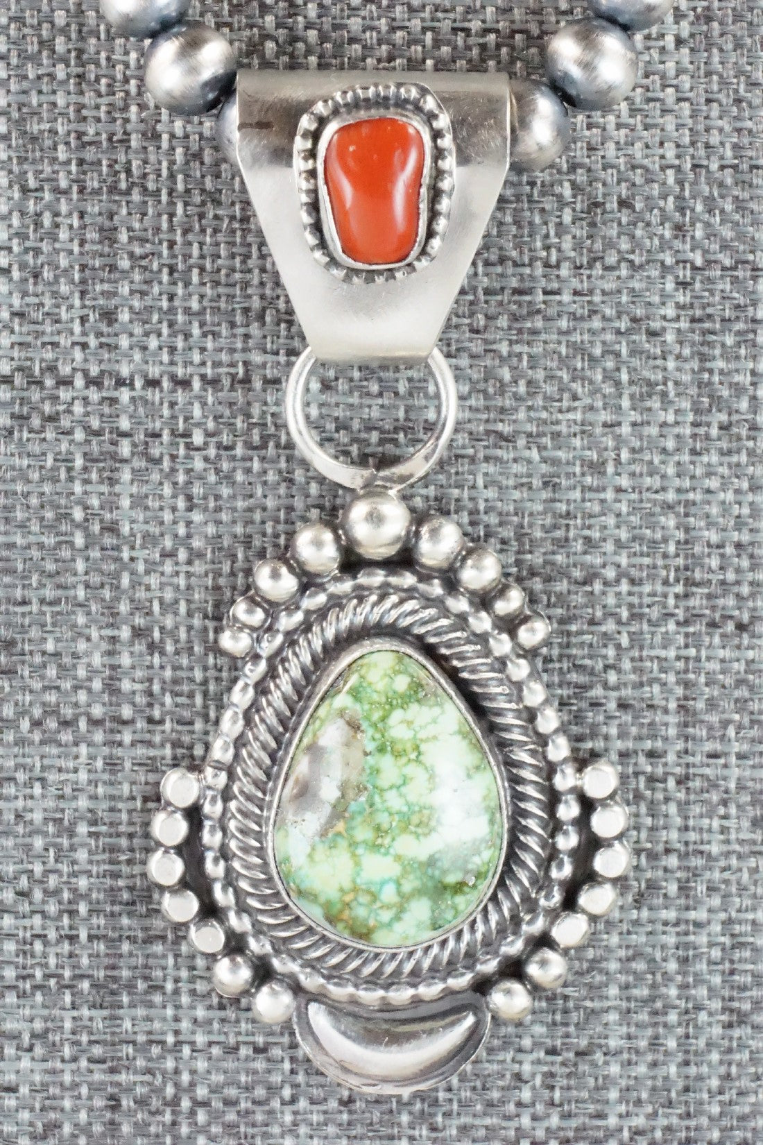 Turquoise, Coral Pendant & Sterling Silver Necklace - Tom Lewis