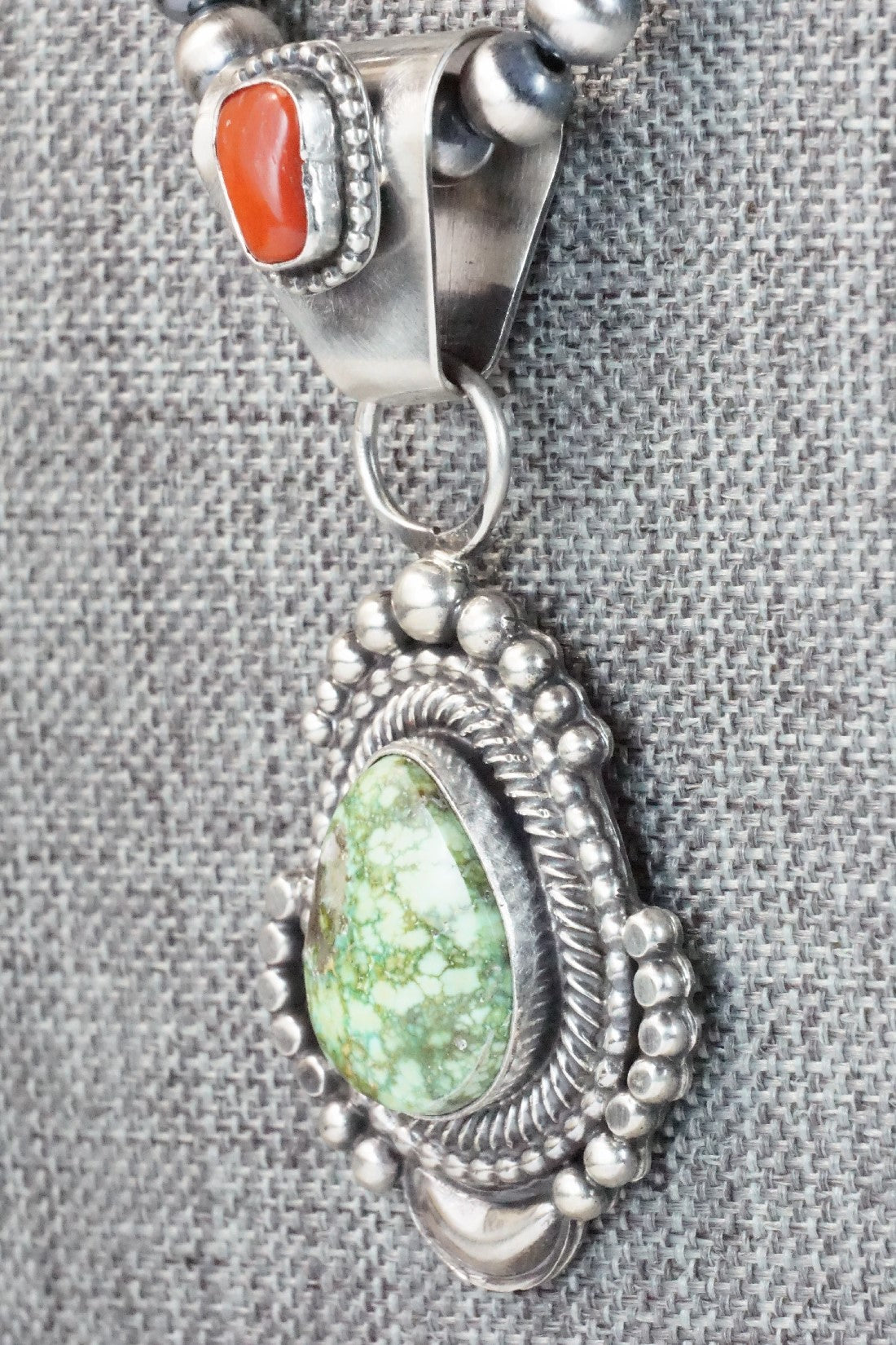 Turquoise, Coral Pendant & Sterling Silver Necklace - Tom Lewis