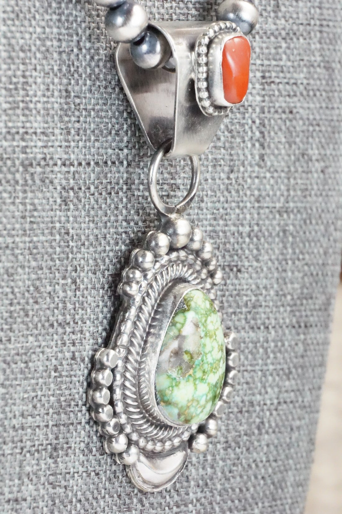 Turquoise, Coral Pendant & Sterling Silver Necklace - Tom Lewis