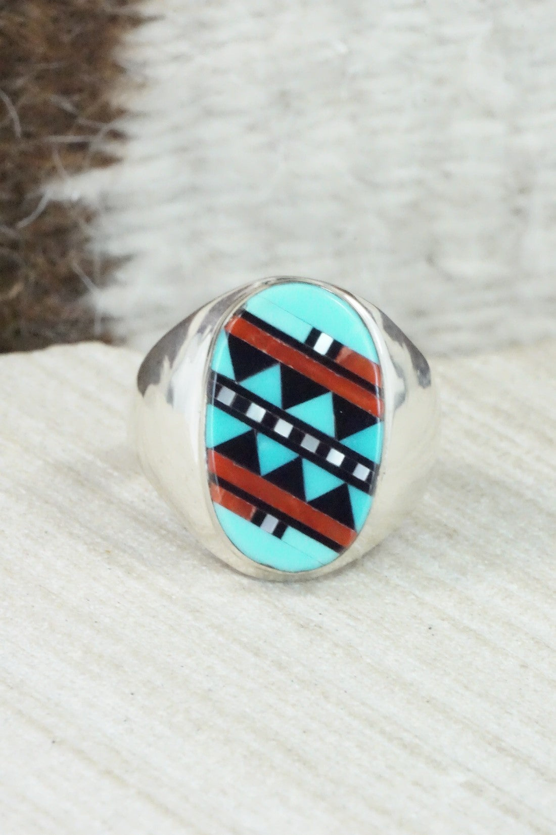 Multi Stone & Sterling Silver Ring - Herbert Kallestewa - Size 8.75