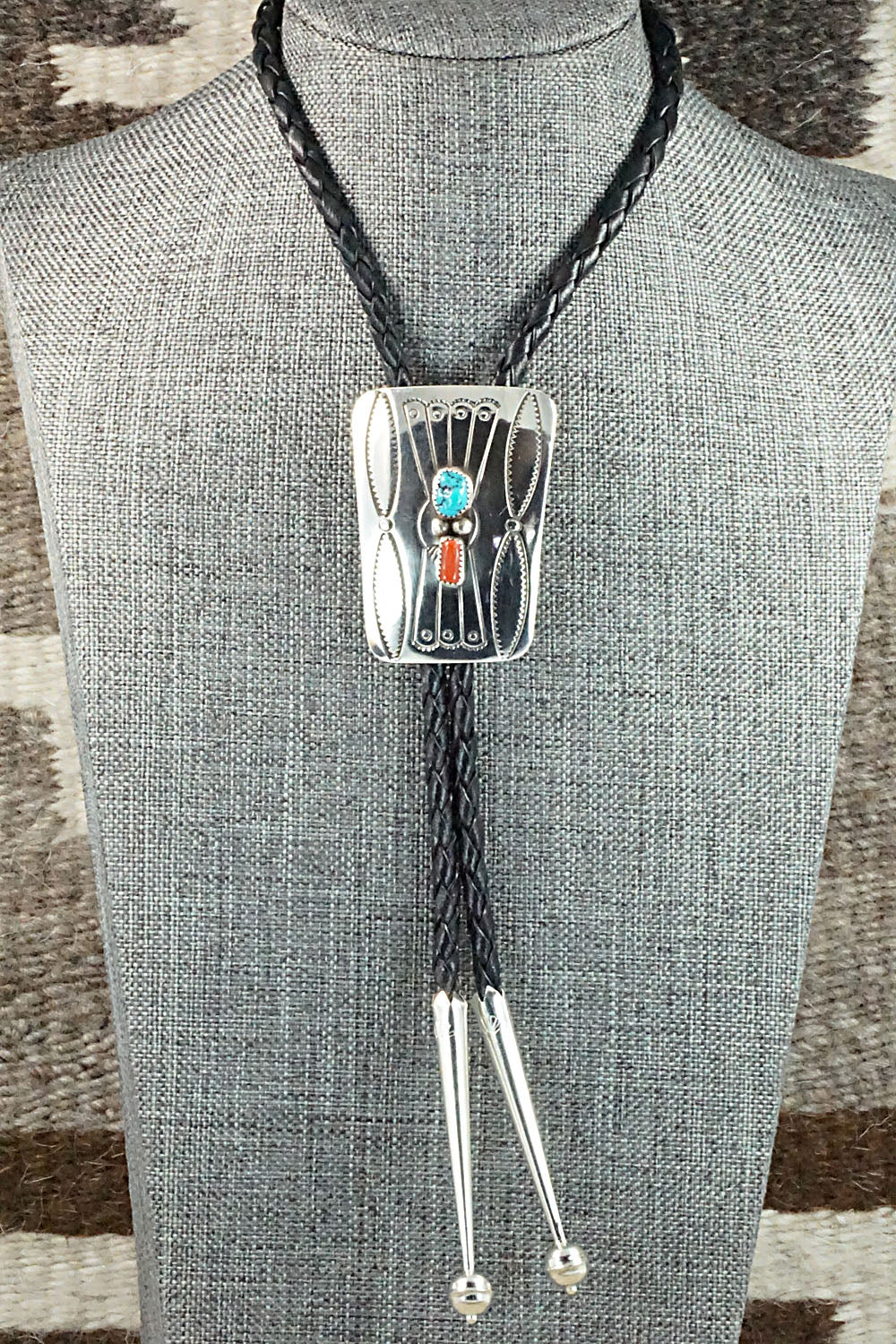 Turquoise, Coral & Sterling Silver Bolo Tie - Jolene Begay