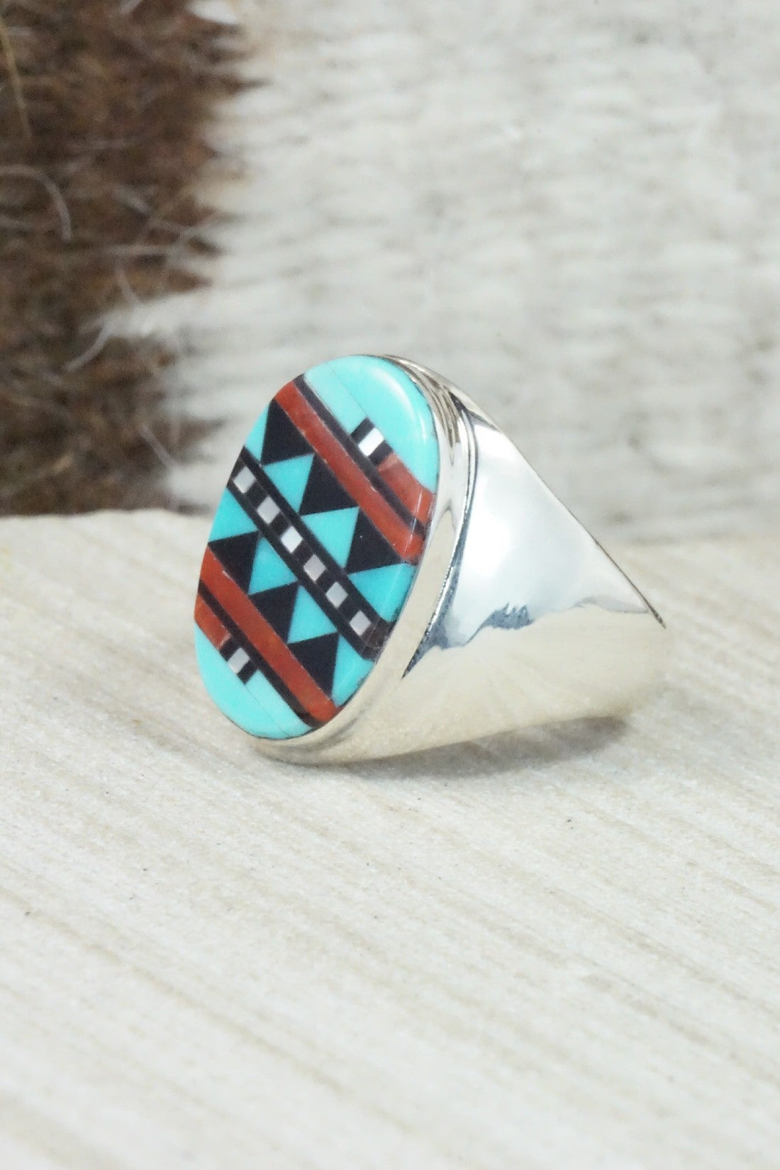 Multi Stone & Sterling Silver Ring - Herbert Kallestewa - Size 8.75