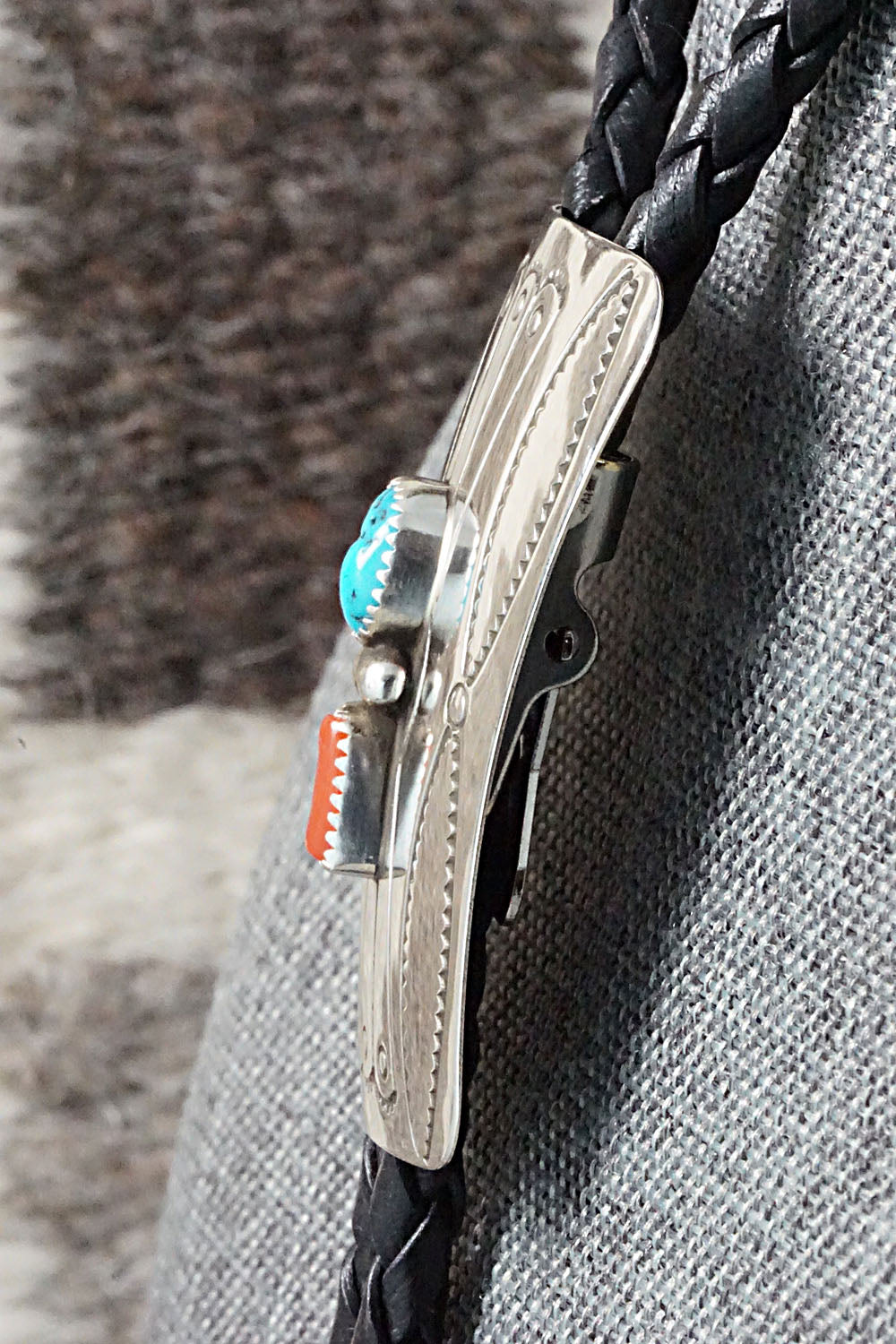 Turquoise, Coral & Sterling Silver Bolo Tie - Jolene Begay