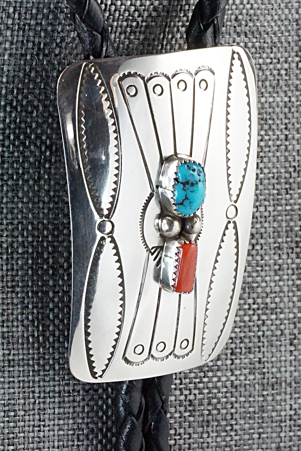 Turquoise, Coral & Sterling Silver Bolo Tie - Jolene Begay