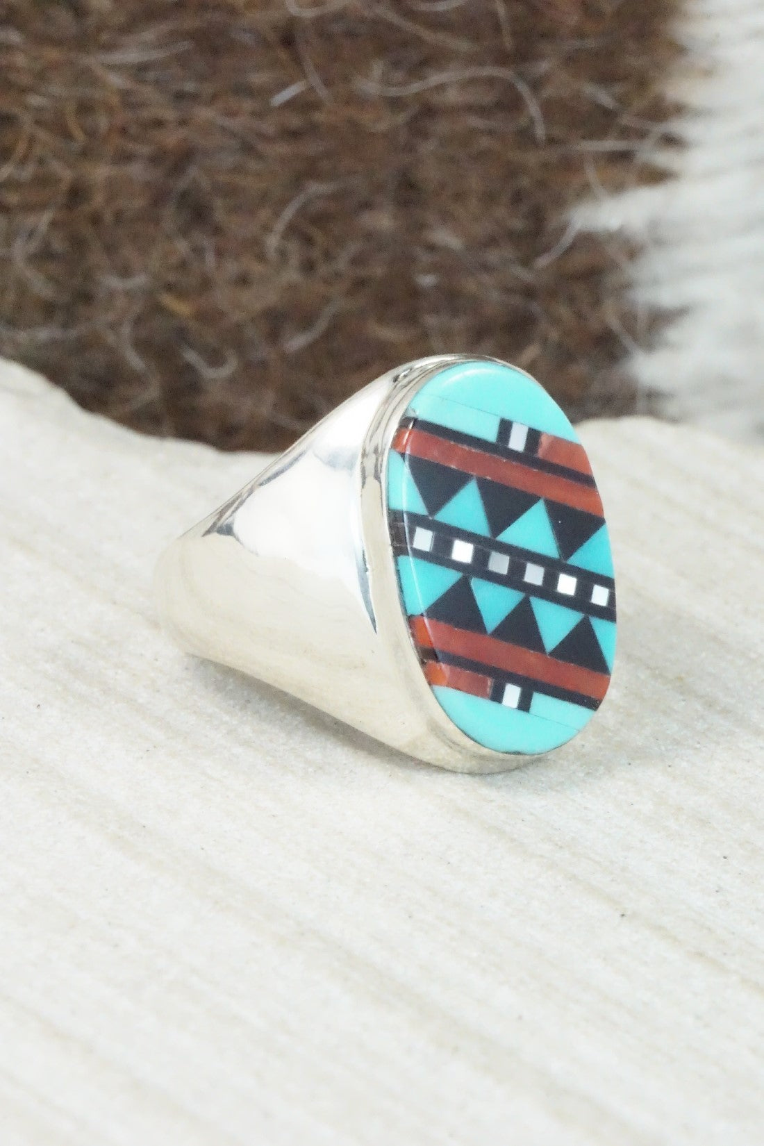 Multi Stone & Sterling Silver Ring - Herbert Kallestewa - Size 8.75