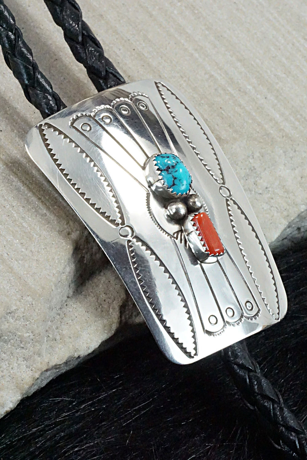 Turquoise, Coral & Sterling Silver Bolo Tie - Jolene Begay
