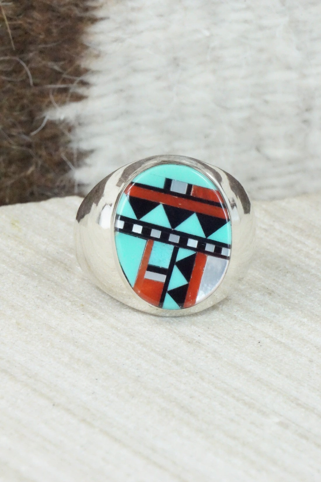 Multi Stone & Sterling Silver Ring - Herbert Kallestewa - Size 10