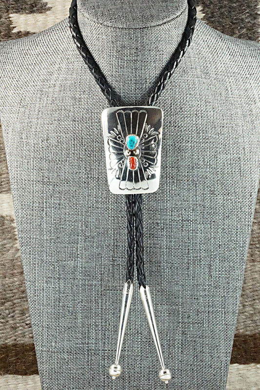 Turquoise, Coral & Sterling Silver Bolo Tie - Jolene Begay