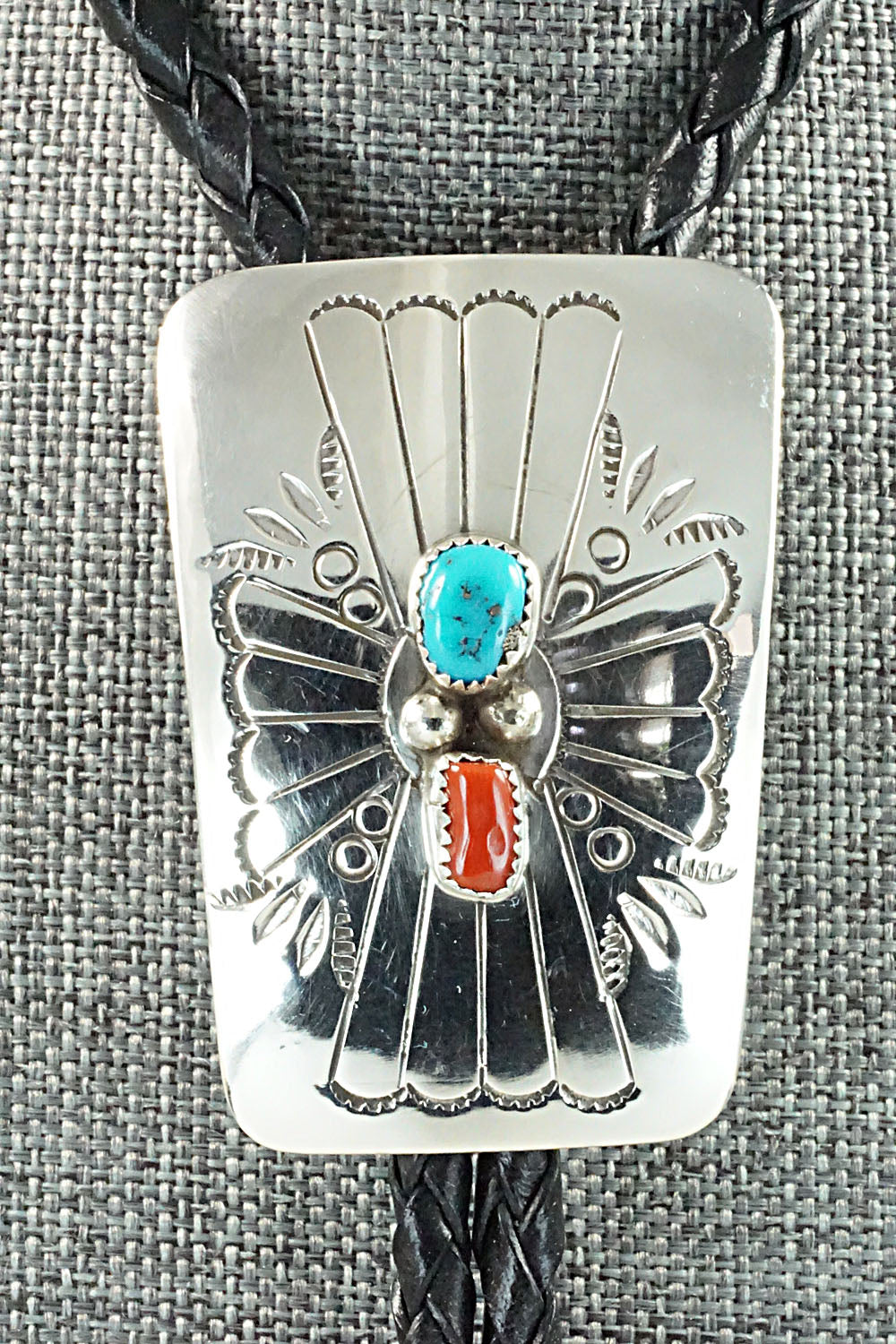 Turquoise, Coral & Sterling Silver Bolo Tie - Jolene Begay