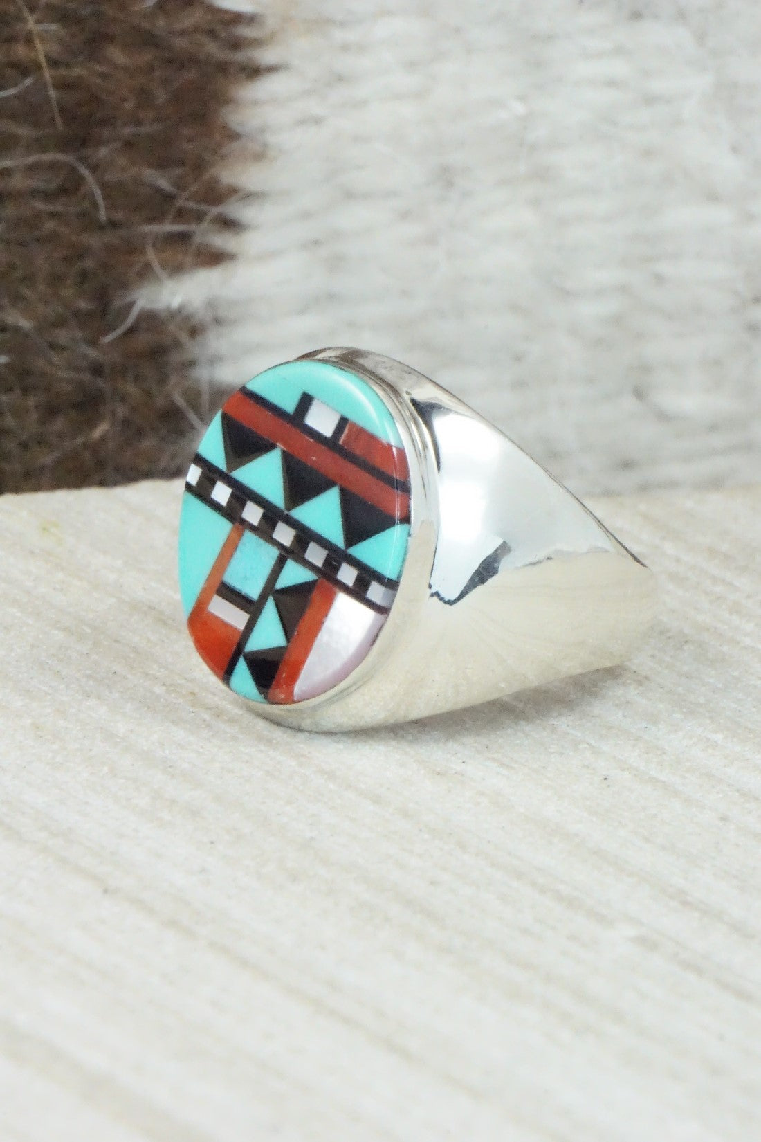 Multi Stone & Sterling Silver Ring - Herbert Kallestewa - Size 10