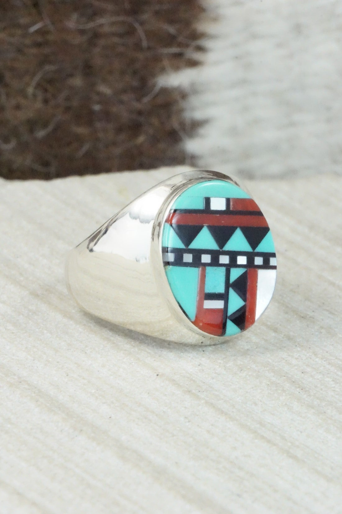 Multi Stone & Sterling Silver Ring - Herbert Kallestewa - Size 10