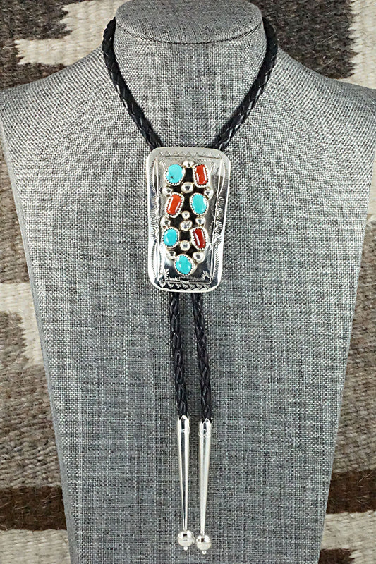 Turquoise, Coral & Sterling Silver Bolo Tie - Wilbur Myers