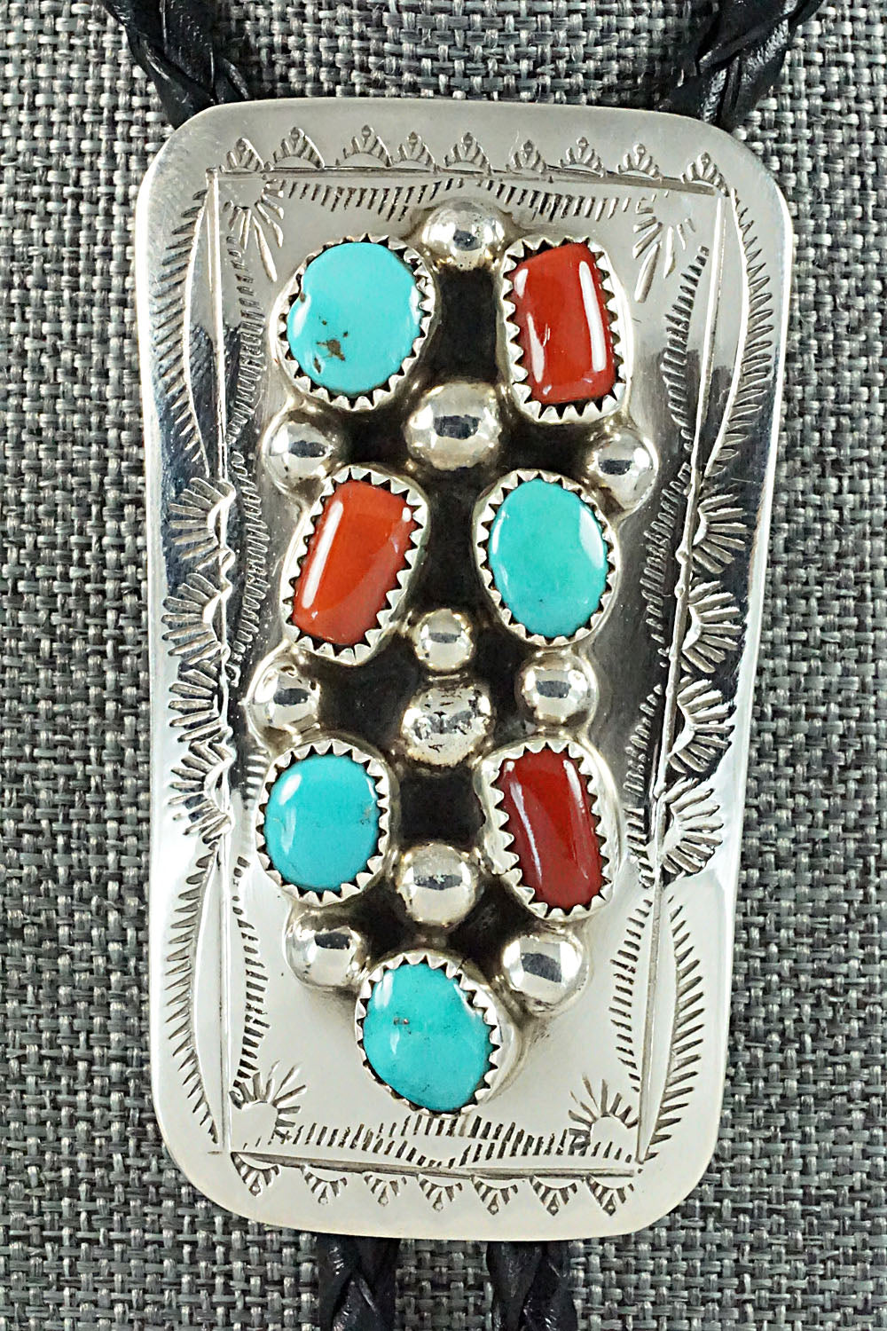 Turquoise, Coral & Sterling Silver Bolo Tie - Wilbur Myers