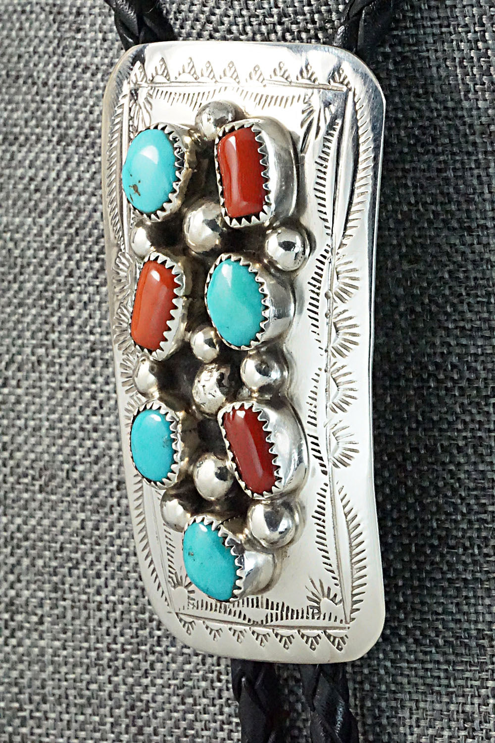 Turquoise, Coral & Sterling Silver Bolo Tie - Wilbur Myers
