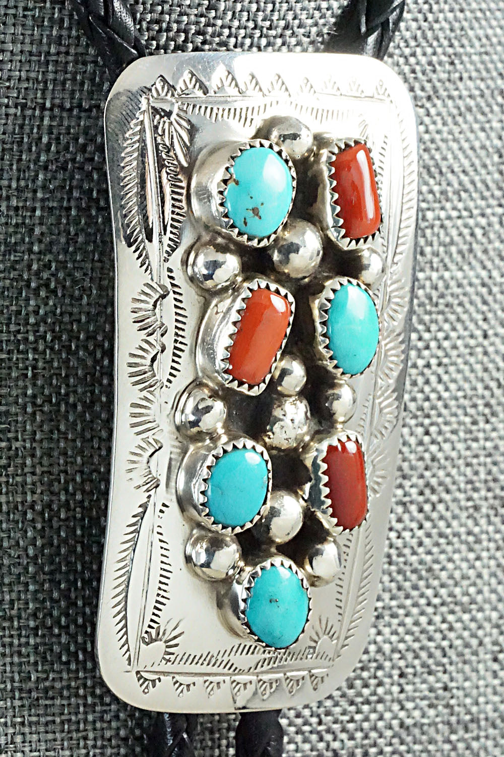 Turquoise, Coral & Sterling Silver Bolo Tie - Wilbur Myers