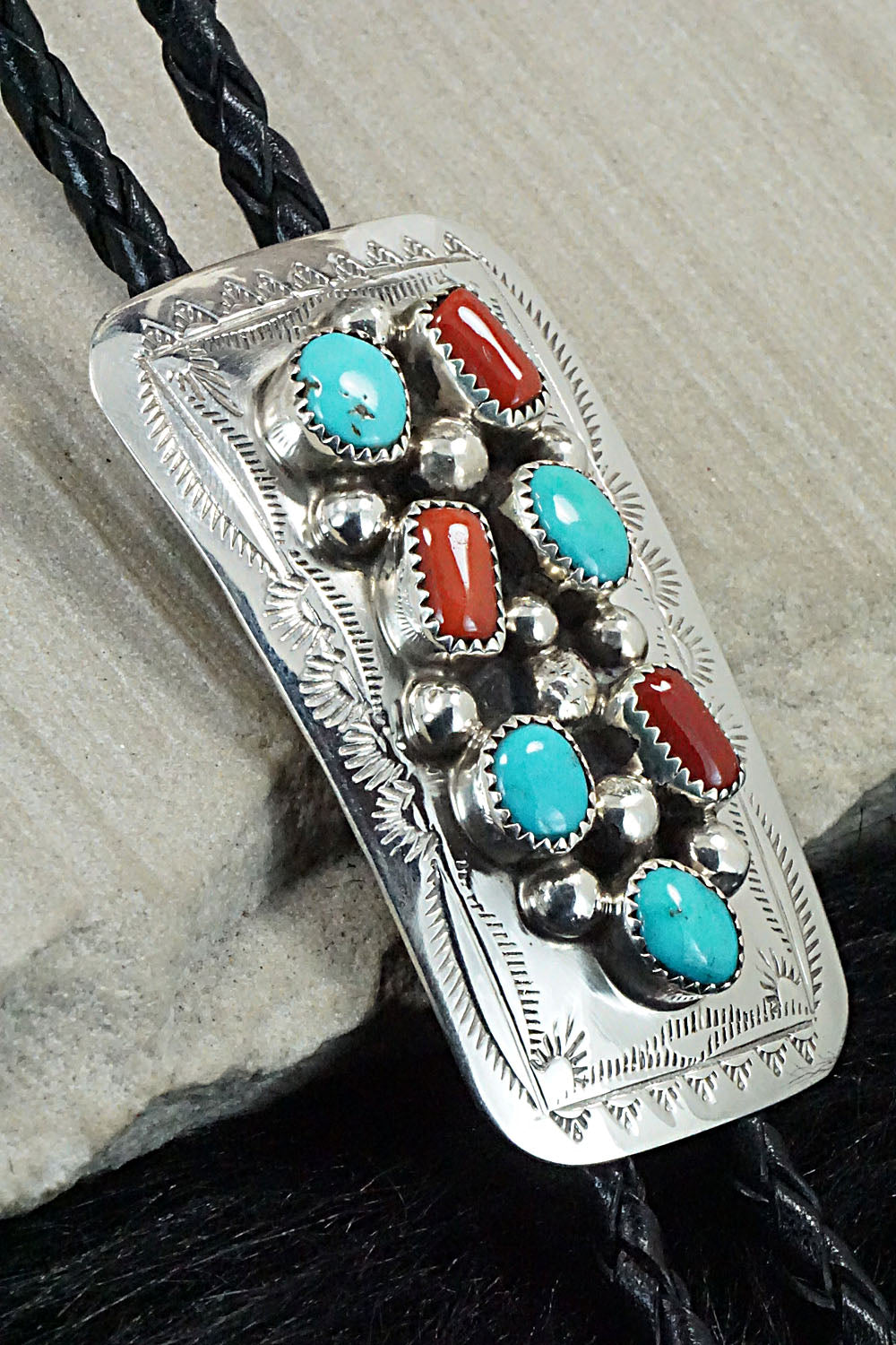 Turquoise, Coral & Sterling Silver Bolo Tie - Wilbur Myers